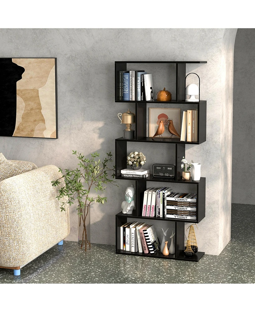 Costway 1 Pc 5-Tier Bookshelf Geometric S-Shaped Bookcase Room Divider Storage Display Shelf