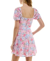 City Studios Juniors' Floral-Print Pointelle Tie-Waist Skater Dress