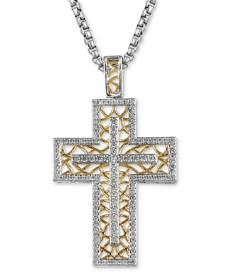 Men's Diamond Lattice Openwork Cross 22" Pendant Necklace (1/2 ct. t.w.) in Sterling Silver & 18k Gold-Plate