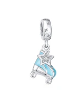 Bling Jewelry Sport Roller Rink Star Dangling Blue Roller Skates Bead Fits European Charm Bracelet For Women Enamel Sterling Silver