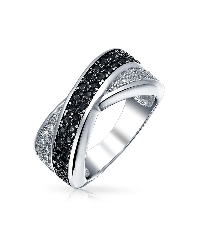 Bling Jewelry Two Tone Black And White Pave Cubic Zirconia Cz Criss-Cross X Band Ring For Women .925 Sterling Silver