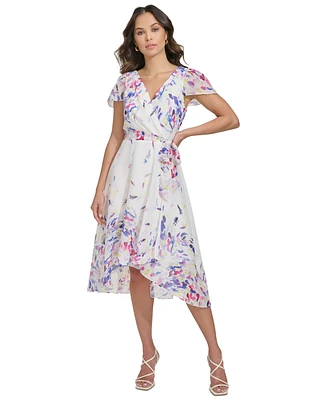 Dkny Petite Flutter-Sleeve Faux-Wrap Midi Dress