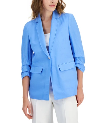 Anne Klein Petite Linen Single-Button Ruched-Sleeve Jacket