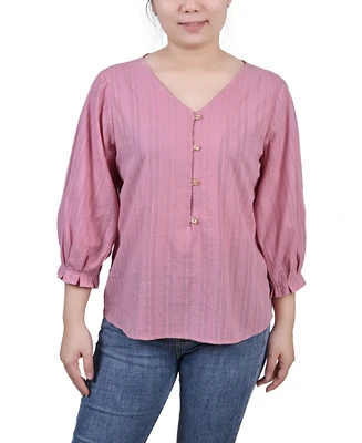 Ny Collection Women's 3/4 Sleeve Button Placket Jacquard Blouse