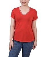 Ny Collection Women's Short Sleeve Top with Stone Details