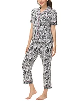 C. Wonder Women's Printed Short Sleeve Notch Collar with Pants 2 Pc. Pajama Set