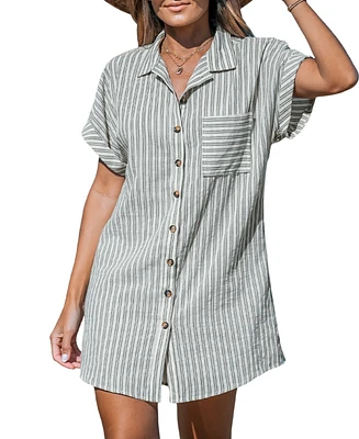 Women's Striped Collared Button-Up Mini Cover-Up