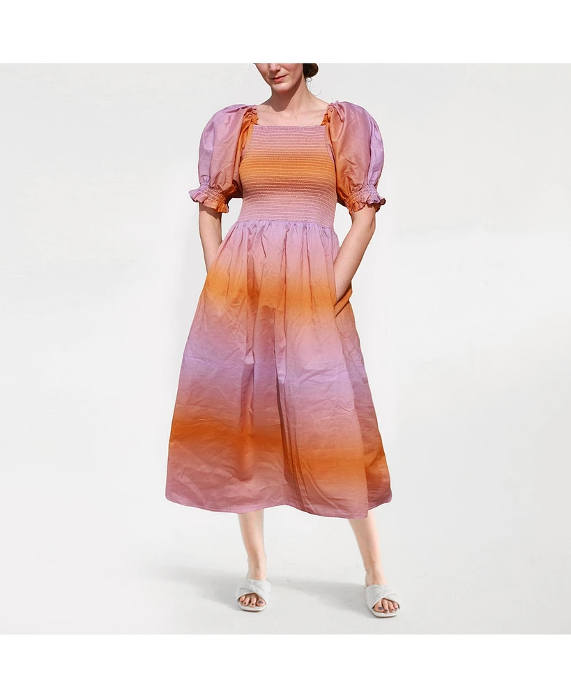 Jessie Zhao New York Sunset Purple Orange Smocked Midi Dress