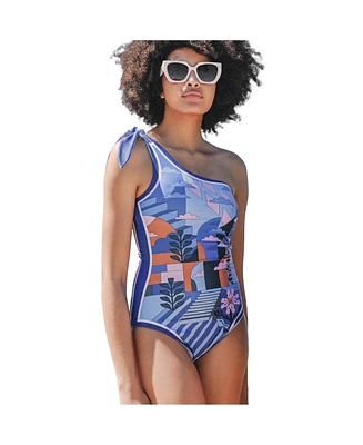 Jessie Zhao New York Blue Imagination Reversible One-Shoulder Swimsuit