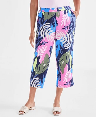 Charter Club Petite 100% Linen Palm Print High Rise Cropped Pants, Created for Macy's