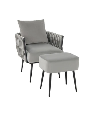 Modern Dutch Velvet Accent Chair and Ottoman Set with Weaved Back Arms
