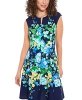 London Times Petite Split-Neck Floral-Print Fit & Flare Dress