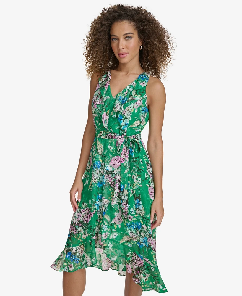 kensie Women's Floral-Print Ruffled Sleeveless Midi Dress