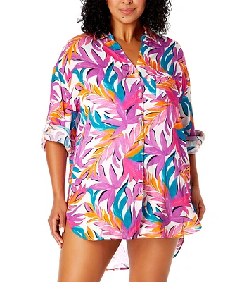 Anne Cole Plus Tropical-Print Cover-Up Shirt