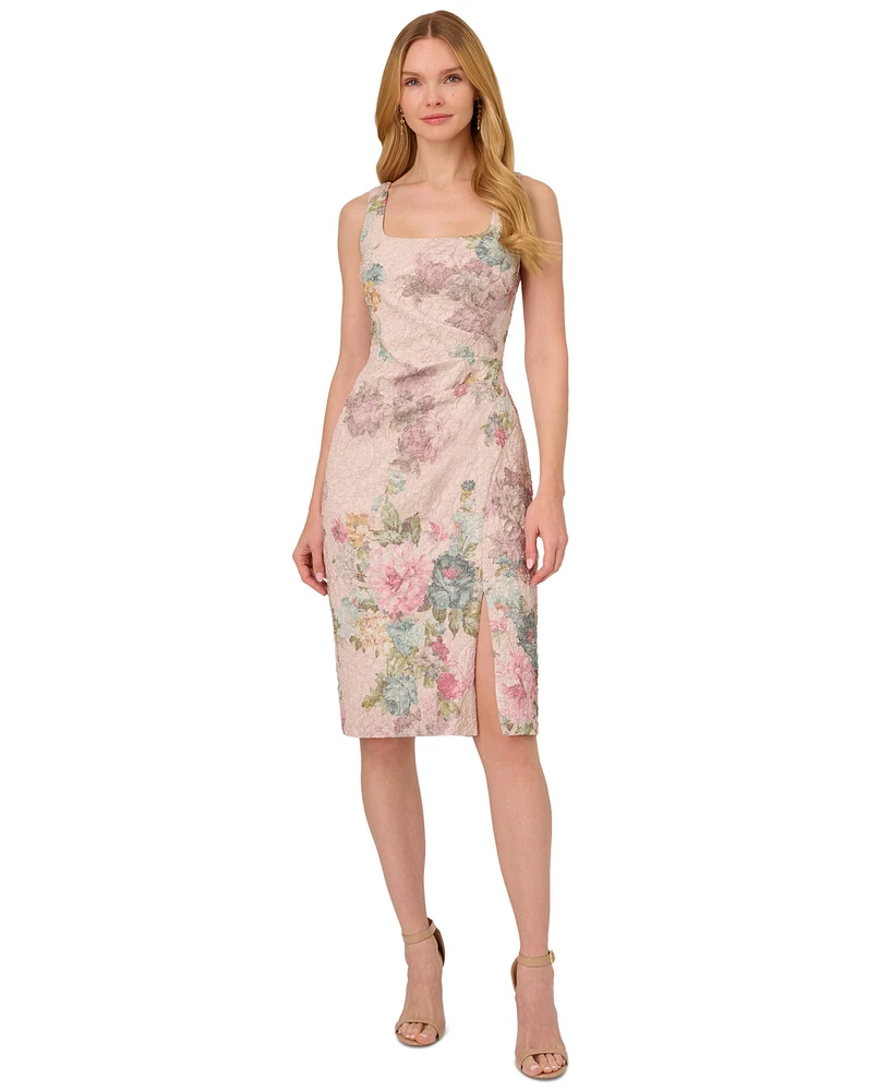 Adrianna Papell Women's Floral-Print Textured Square-Neck Sheath Dress
