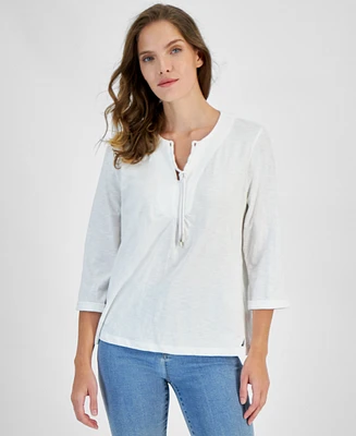 Nautica Jeans Women's Cotton Lace-Up-Neck 3/4-Sleeve Top