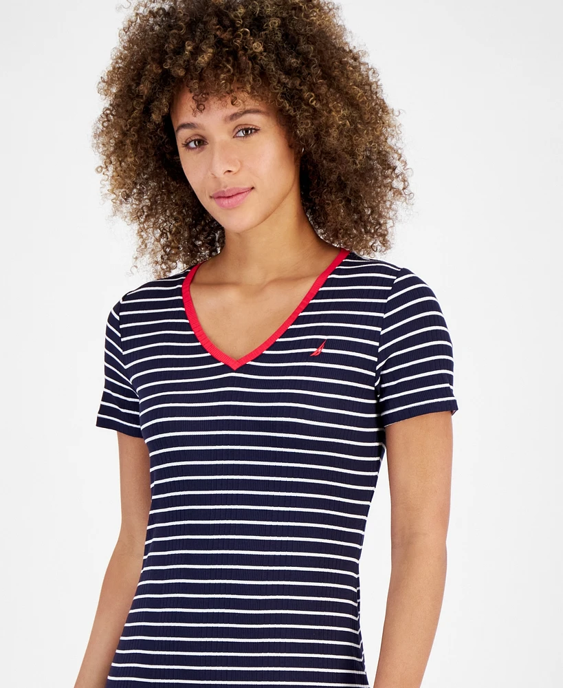 Nautica Jeans Women's Striped Rib-Knit Midi T-Shirt Dress