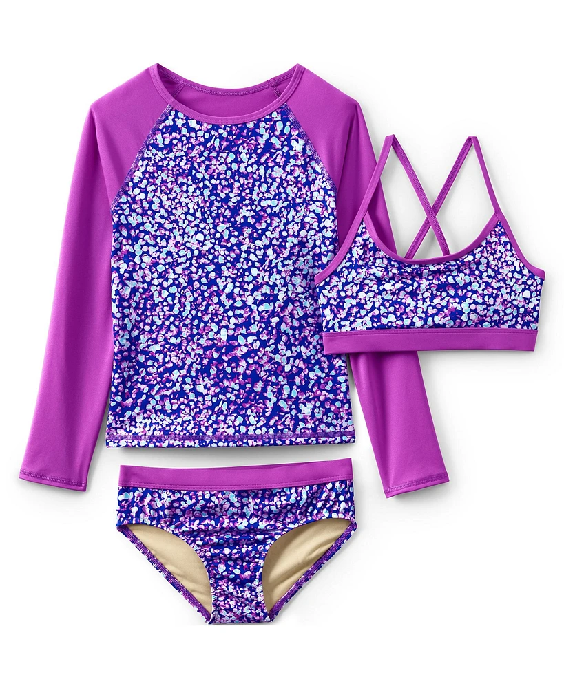 Lands' End Big Girls Plus Chlorine Resistant Rash Guard Swim Top Bikini and Bottoms Upf 50 Swimsuit Set