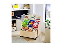Kids Wooden Toy Storage Unit Organizer with Rolling Toy Box and Plastic Bins-Natural