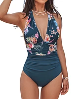 Women's Tropical Shirred Halterneck Tummy Control One-Piece