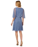 Adrianna Papell Bead Embellished Flutter-Sleeve A-Line Dress