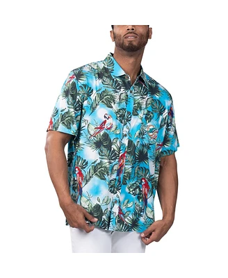 Men's Margaritaville Light Blue Miami Dolphins Jungle Parrot Party Button-Up Shirt