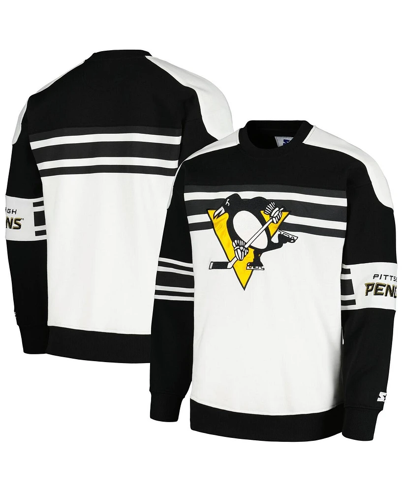 Men's Starter White Pittsburgh Penguins Defense Fleece Crewneck Pullover Sweatshirt