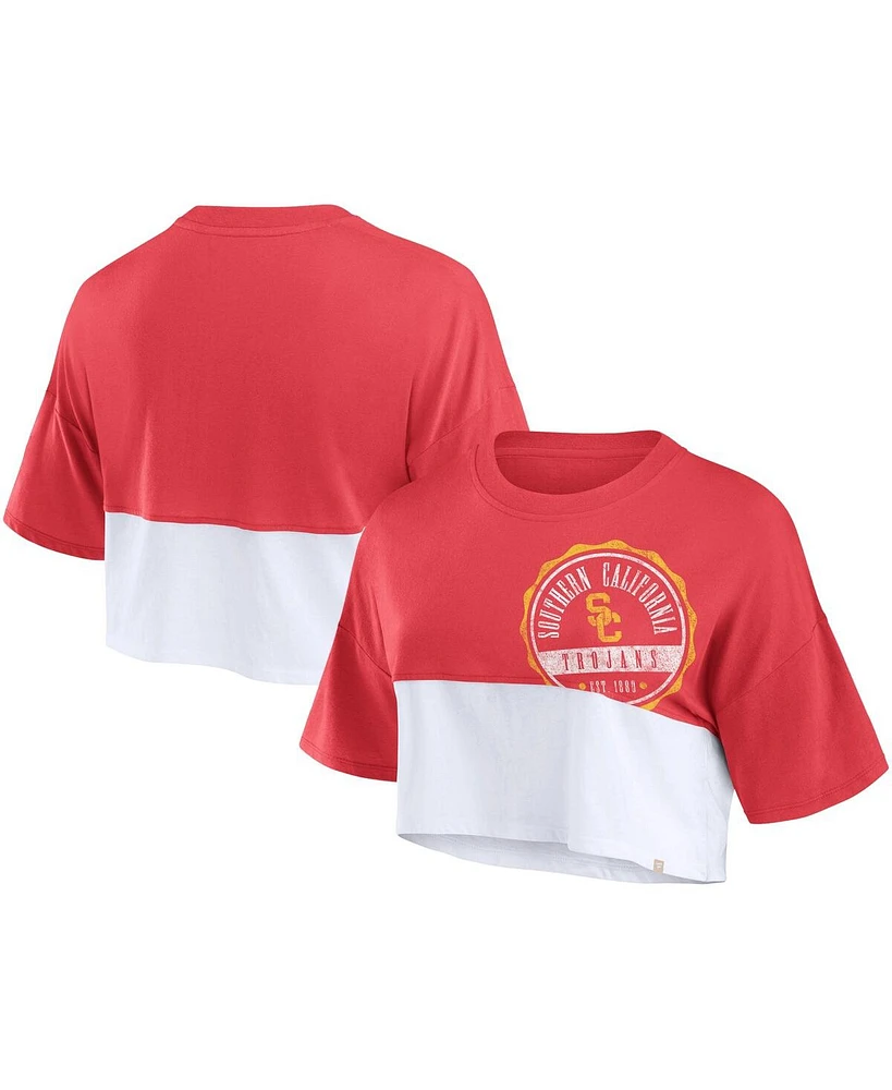 Women's Fanatics Cardinal, White Distressed Usc Trojans Oversized Badge Colorblock Cropped T-shirt