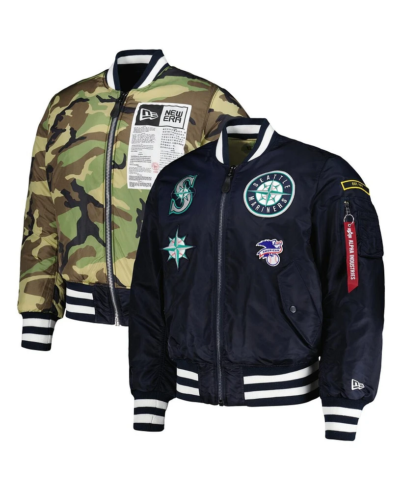 Men's New Era x Alpha Industries Navy, Camo Seattle Mariners Reversible Full-Zip Bomber Jacket