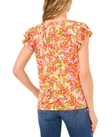 CeCe Women's Floral Print Double Ruffled Sleeve Crewneck Knit Top