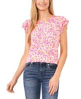CeCe Women's Floral Print Double Ruffled Sleeve Knit Top