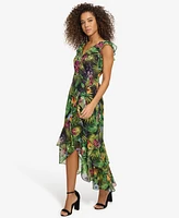 kensie Women's Floral-Print Chiffon Ruffled Maxi Dress