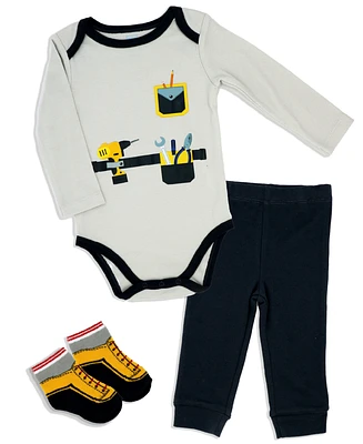 Baby Mode Boys Construction Long Sleeve Bodysuit, Pants and Socks, 3 Piece Set