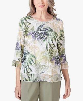 Alfred Dunner Petite Tuscan Sunset Crew Neck Tonal Leaf Top