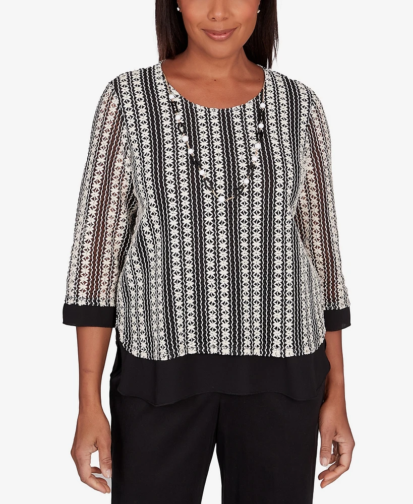 Alfred Dunner Petite Opposites Attract Striped Texture Necklace Top