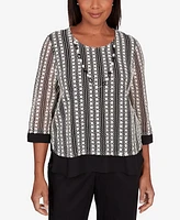 Alfred Dunner Petite Opposites Attract Striped Texture Necklace Top