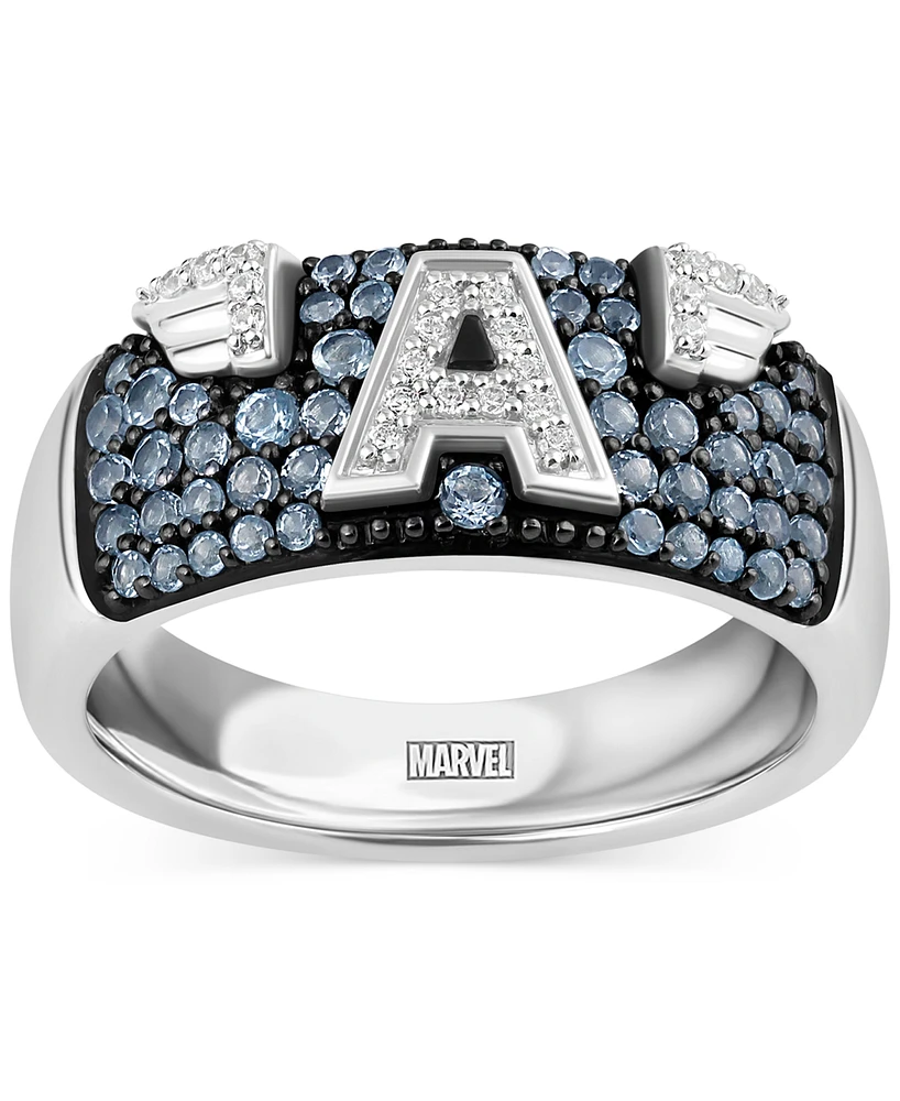 Wonder Fine Jewelry Men's Swiss Blue Topaz (3/4 ct. t.w.) & Diamond (1/10 ct. t.w.) Captain America Ring in Sterling Silver