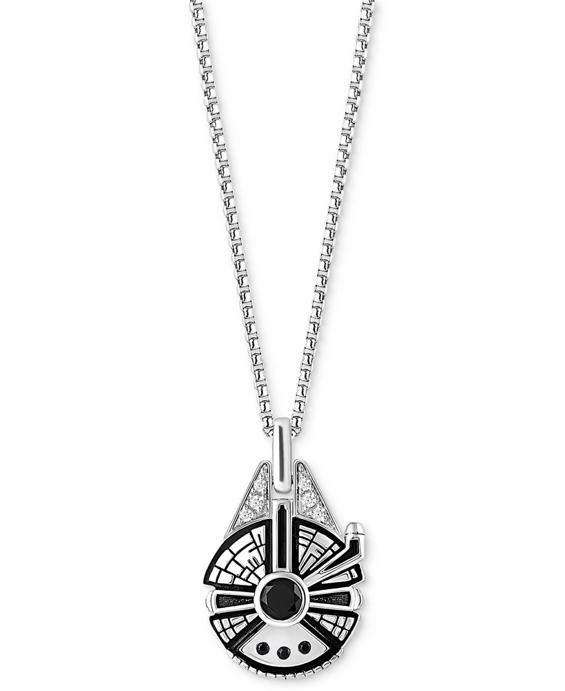 Wonder Fine Jewelry Onyx, Black Spinel (1/20 ct. t.w.) & Diamond (1/20 ct. t.w.) Millenium Falcon 18" Pendant Necklace in Sterling Silver with Black R