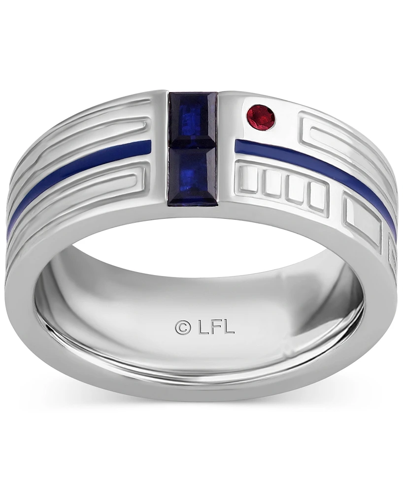 Wonder Fine Jewelry Men's Sapphire (1/4 ct. t.w.), Garnet Accent, & Blue Enamel R2D2 Ring in Sterling Silver