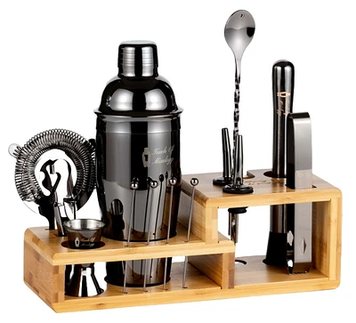 Touch of Mixology Premium 14 Piece Stainless Steel Bartender Kit with Bamboo Stand (Dark Metallic)