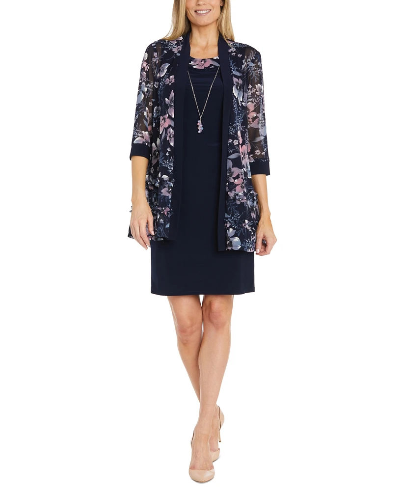 R & M Richards Petite Floral Mesh Jacket and Contrast-Trim Sleeveless Dress