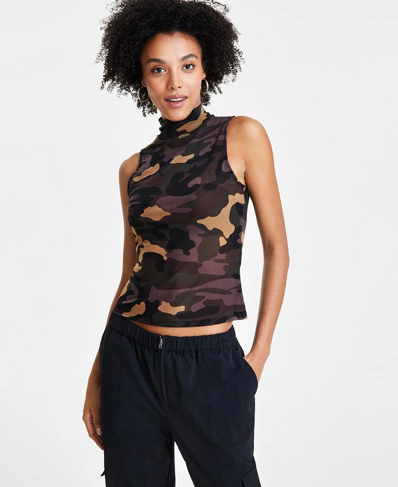 Bar Iii Women's Camo-Print Mock-Neck Mesh Top, Created for Macy's