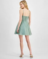 City Studios Juniors' Glitter-Tulle Ruched-Bodice Skater Dress, Created for Macy's