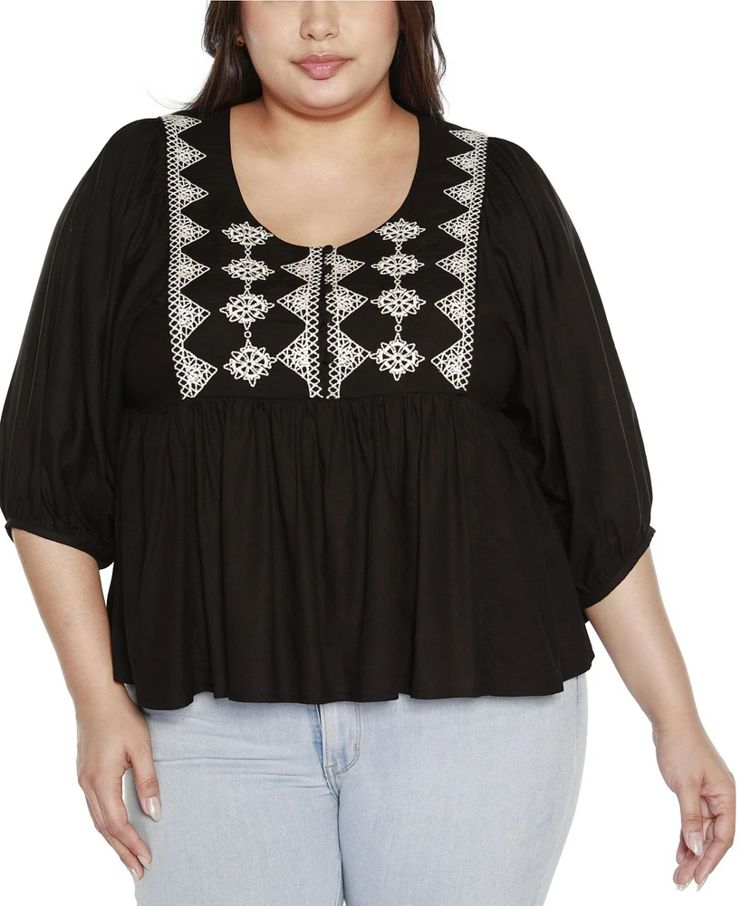 Belldini Black Label Plus Embroidered Boho Fit and Flare Top