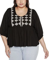 Belldini Black Label Plus Embroidered Boho Fit and Flare Top