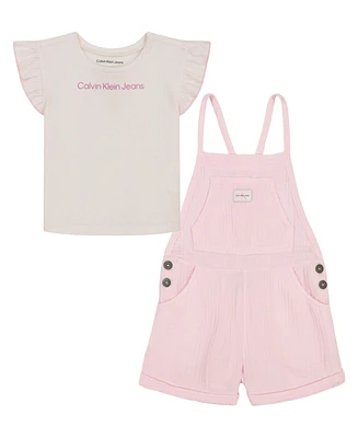 Calvin Klein Toddler Girls Flutter Sleeve Pattern T-shirt and Muslin Shortalls, 2 Piece Set