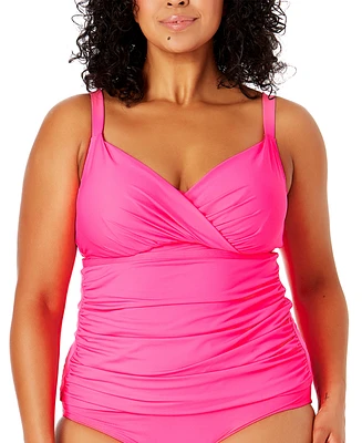 Anne Cole Plus Surplice-Neck Ruched Tankini Top