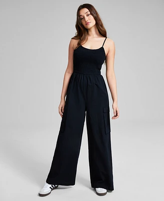 And Now This Women's Cotton Smocked Cargo Jumpsuit, Created for Macy's