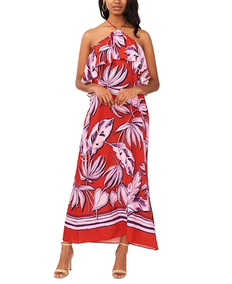 1.state Women's Tropical Print Ruffled Halter Neck Maxi Dress