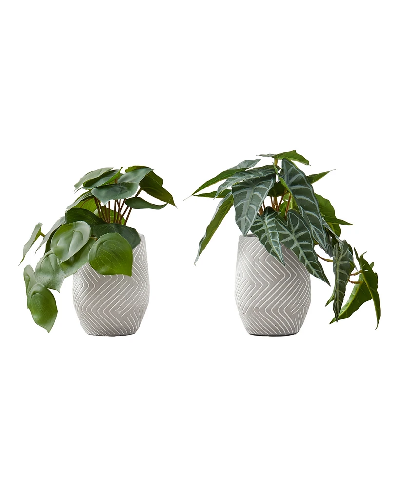 Monarch Specialties 8" Indoor Artificial Alocasia Plants with Decorative White Cement Pots, Set Of 2